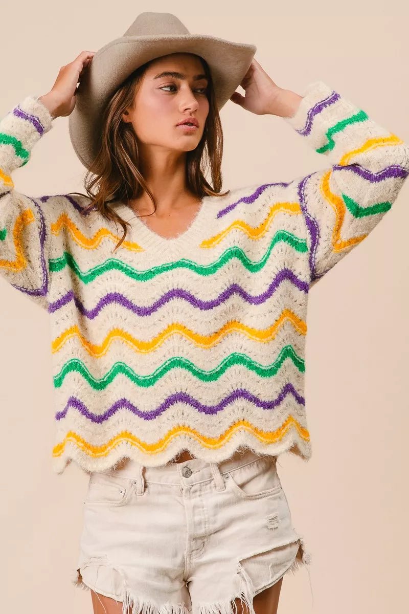 BiBi Mardi Gras Wavy Stripes V - Neck Sweater - Bitsy Gypsy Boutique