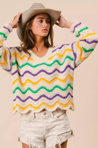 BiBi Mardi Gras Wavy Stripes V - Neck Sweater - Bitsy Gypsy Boutique