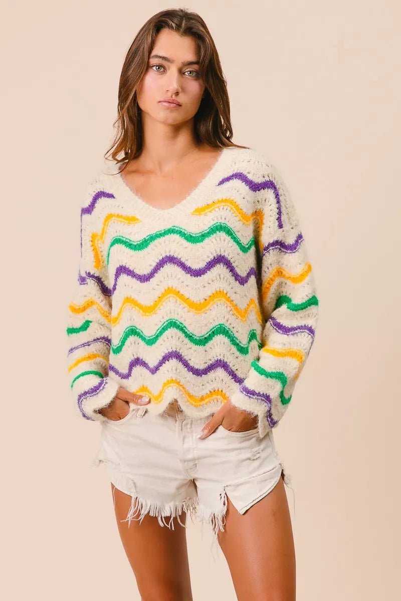 BiBi Mardi Gras Wavy Stripes V - Neck Sweater - Bitsy Gypsy Boutique