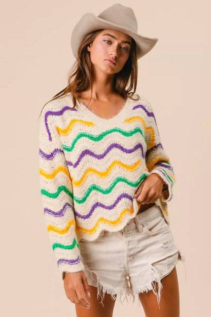 BiBi Mardi Gras Wavy Stripes V - Neck Sweater - Bitsy Gypsy Boutique