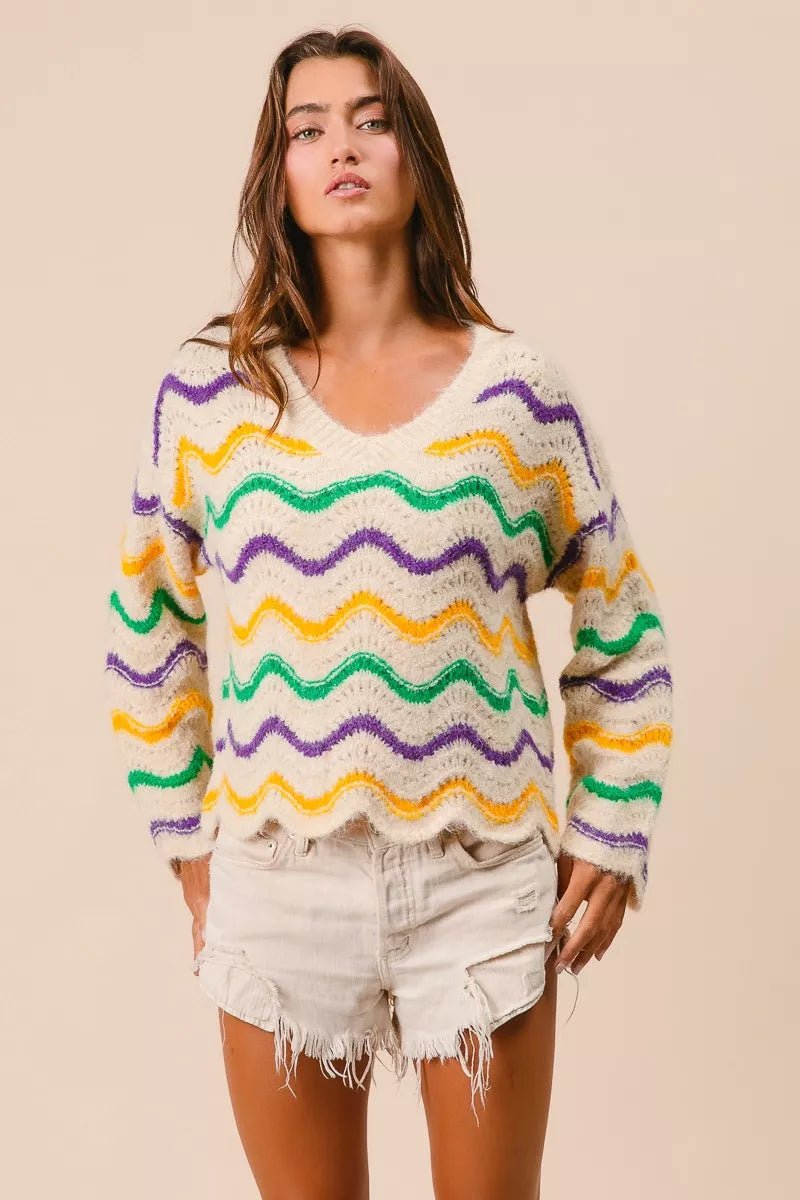 BiBi Mardi Gras Wavy Stripes V - Neck Sweater - Bitsy Gypsy Boutique