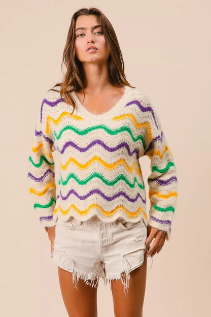 BiBi Mardi Gras Wavy Stripes V - Neck Sweater - Bitsy Gypsy Boutique