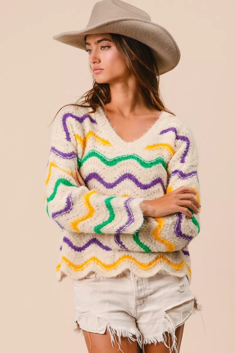BiBi Mardi Gras Wavy Stripes V - Neck Sweater - Bitsy Gypsy Boutique