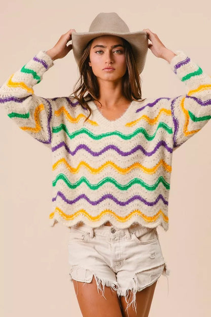 BiBi Mardi Gras Wavy Stripes V - Neck Sweater - Bitsy Gypsy Boutique