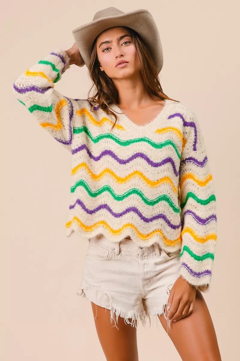 BiBi Mardi Gras Wavy Stripes V - Neck Sweater - Bitsy Gypsy Boutique