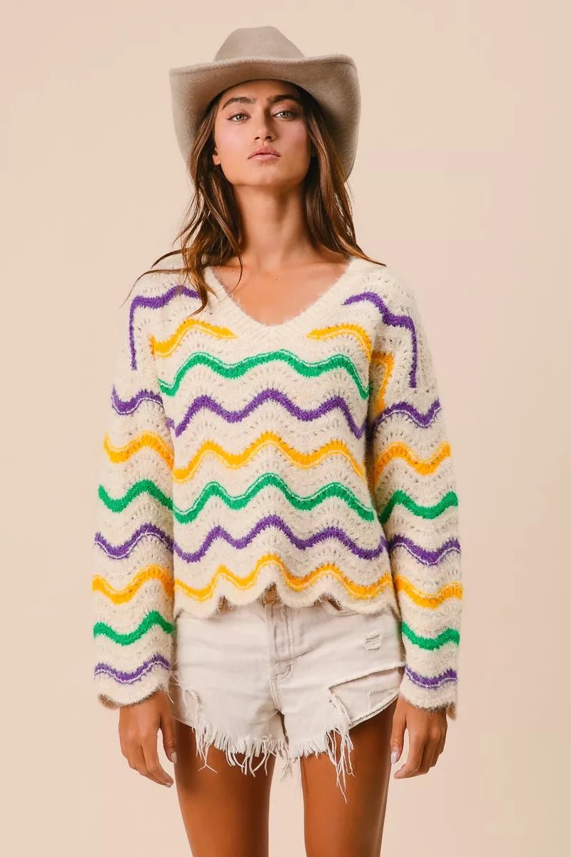 BiBi Mardi Gras Wavy Stripes V - Neck Sweater - Bitsy Gypsy Boutique