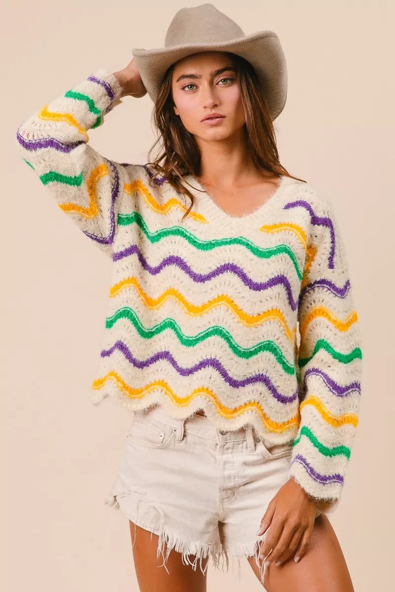 BiBi Mardi Gras Wavy Stripes V - Neck Sweater - Bitsy Gypsy Boutique