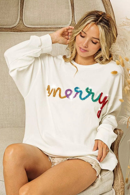 BiBi Merry Tinsel Lettering Drop Shoulder Sweatshirt - Bitsy Gypsy Boutique