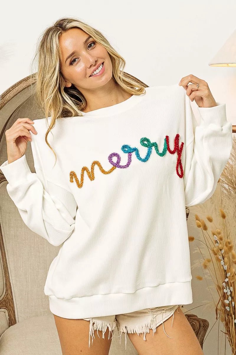 BiBi Merry Tinsel Lettering Drop Shoulder Sweatshirt - Bitsy Gypsy Boutique