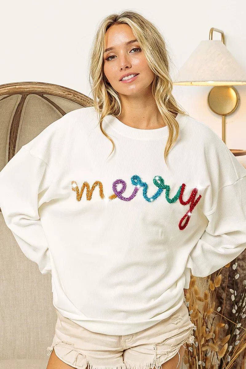 BiBi Merry Tinsel Lettering Drop Shoulder Sweatshirt - Bitsy Gypsy Boutique