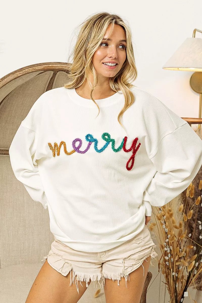 BiBi Merry Tinsel Lettering Drop Shoulder Sweatshirt - Bitsy Gypsy Boutique