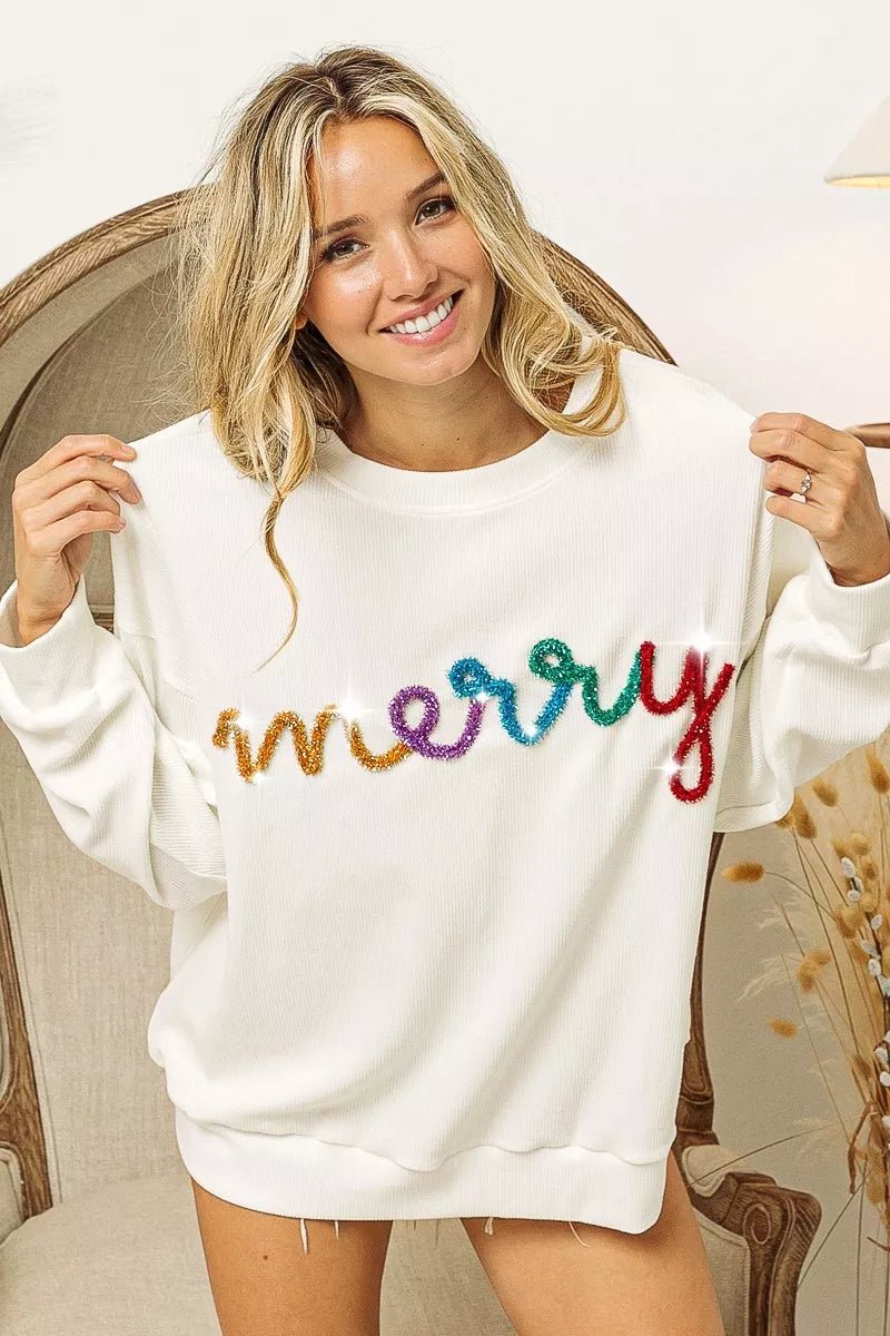 BiBi Merry Tinsel Lettering Drop Shoulder Sweatshirt - Bitsy Gypsy Boutique