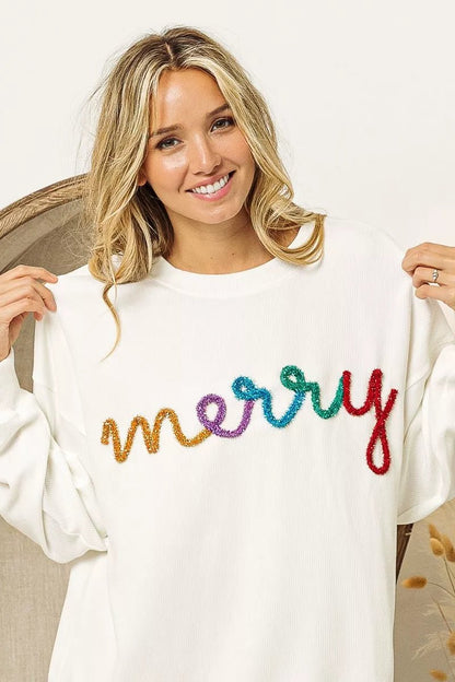 BiBi Merry Tinsel Lettering Drop Shoulder Sweatshirt - Bitsy Gypsy Boutique