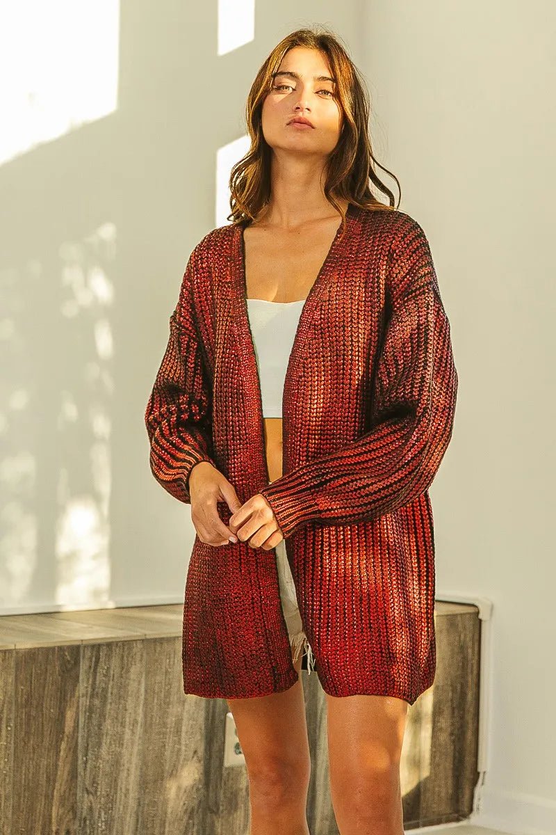 BiBi Metallic Knit V - neck Open Sweater Cardigan - Bitsy Gypsy Boutique