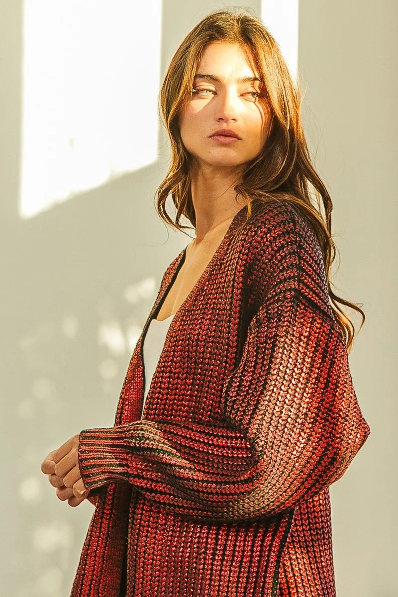 BiBi Metallic Knit V - neck Open Sweater Cardigan - Bitsy Gypsy Boutique