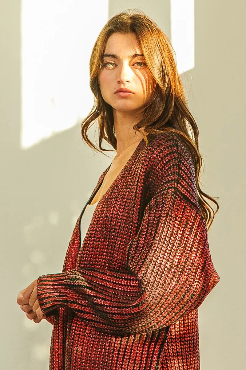 BiBi Metallic Knit V - neck Open Sweater Cardigan - Bitsy Gypsy Boutique