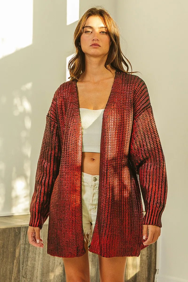 BiBi Metallic Knit V - neck Open Sweater Cardigan - Bitsy Gypsy Boutique