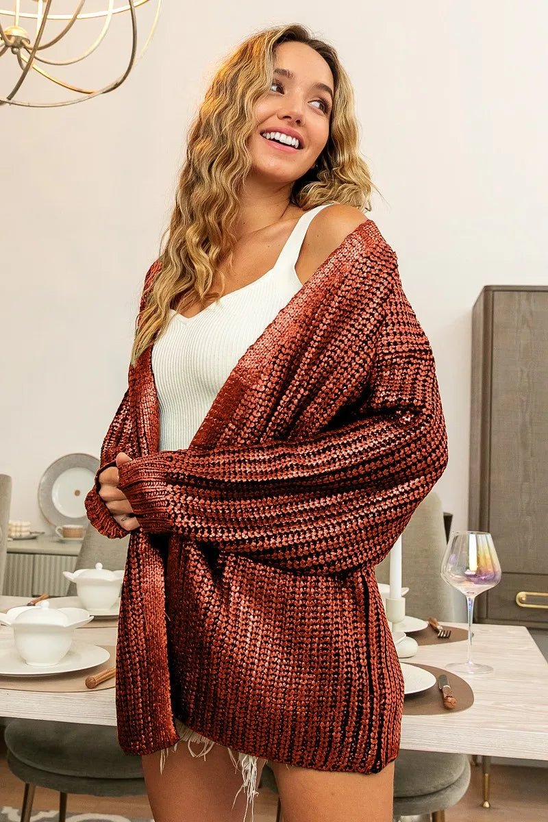 BiBi Metallic Knit V - neck Open Sweater Cardigan - Bitsy Gypsy Boutique