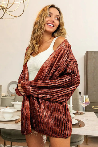 BiBi Metallic Knit V - neck Open Sweater Cardigan - Bitsy Gypsy Boutique