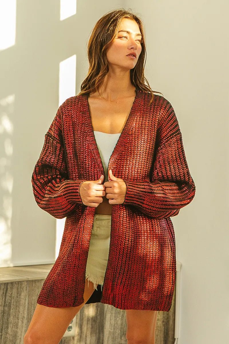BiBi Metallic Knit V - neck Open Sweater Cardigan - Bitsy Gypsy Boutique