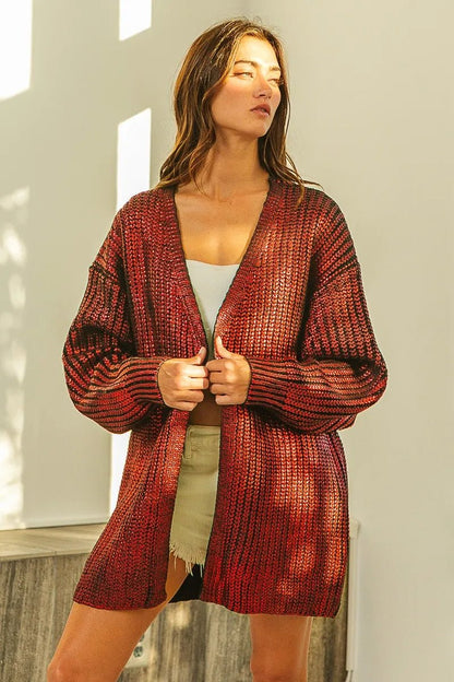 BiBi Metallic Knit V - neck Open Sweater Cardigan - Bitsy Gypsy Boutique