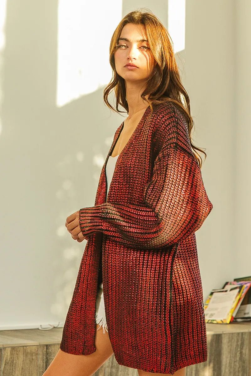 BiBi Metallic Knit V - neck Open Sweater Cardigan - Bitsy Gypsy Boutique
