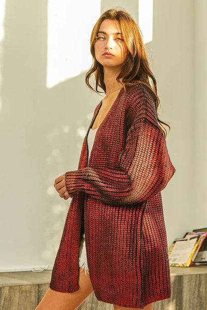 BiBi Metallic Knit V - neck Open Sweater Cardigan - Bitsy Gypsy Boutique