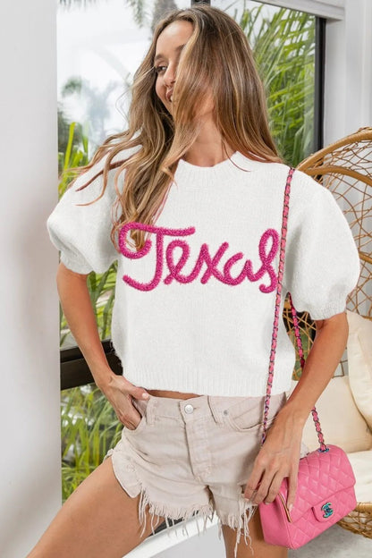 BiBi Metallic Letter Short Puff Sleeve Hairy Sweater - Bitsy Gypsy Boutique