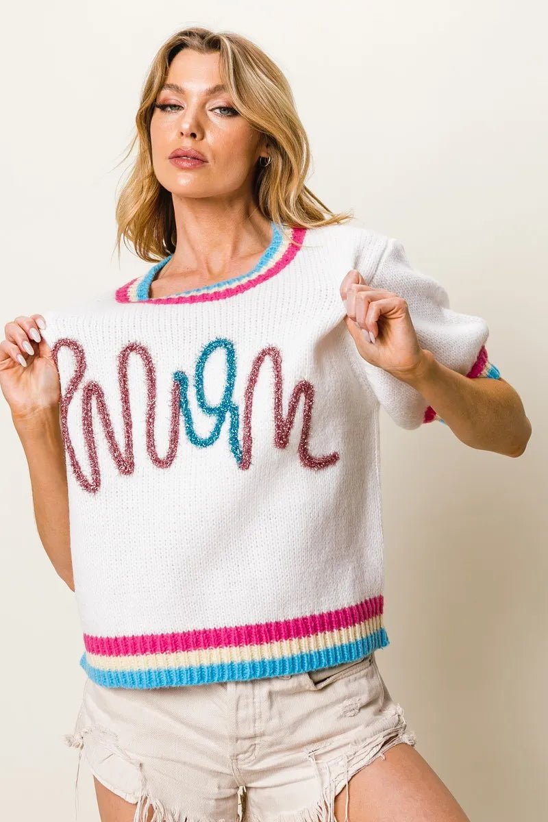 BiBi Metallic Letter Short Puff Sleeve Sweater - Bitsy Gypsy Boutique