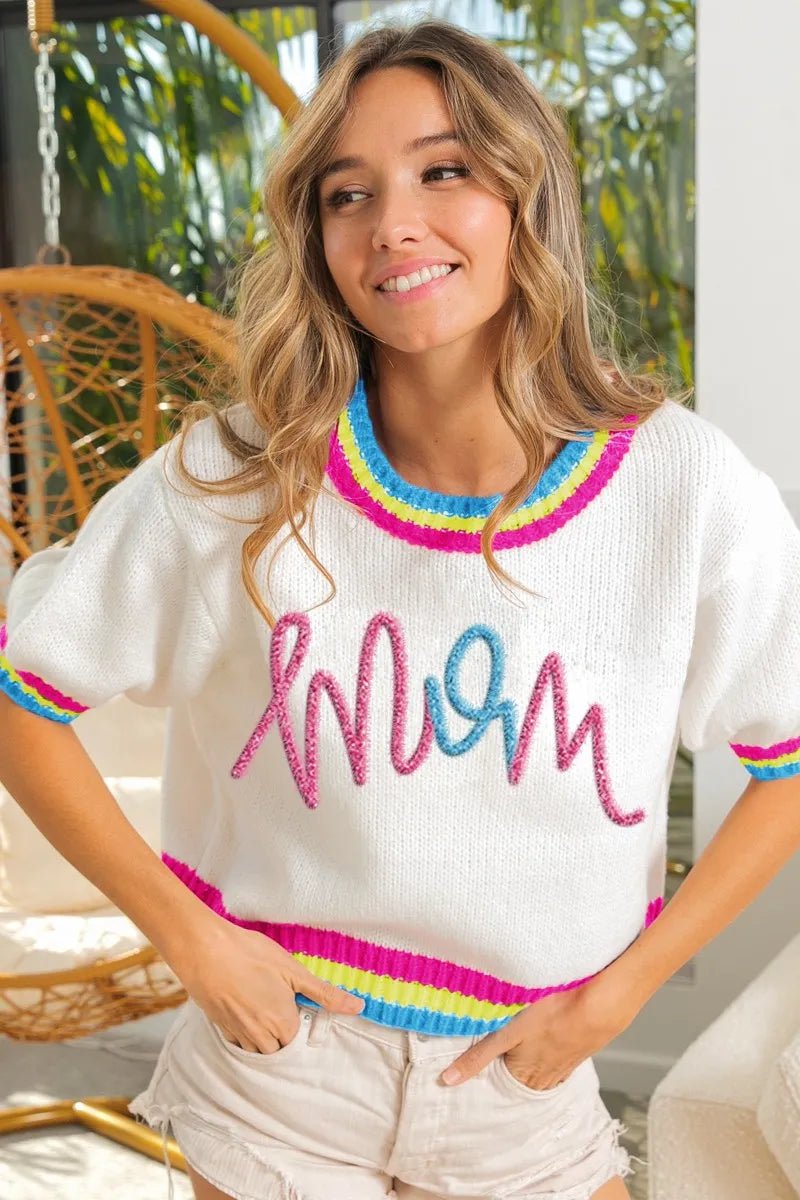 BiBi Metallic Letter Short Puff Sleeve Sweater - Bitsy Gypsy Boutique