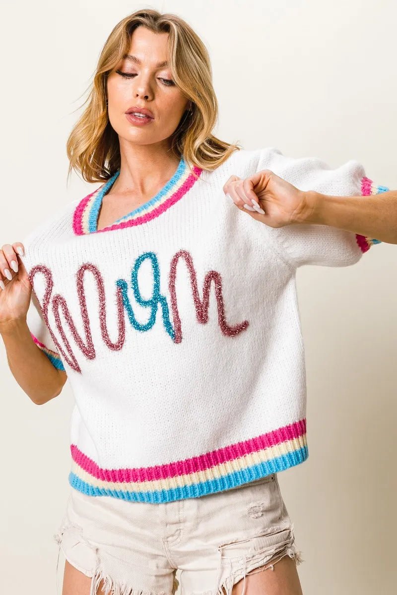 BiBi Metallic Letter Short Puff Sleeve Sweater - Bitsy Gypsy Boutique