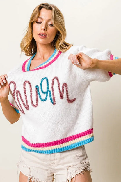 BiBi Metallic Letter Short Puff Sleeve Sweater - Bitsy Gypsy Boutique