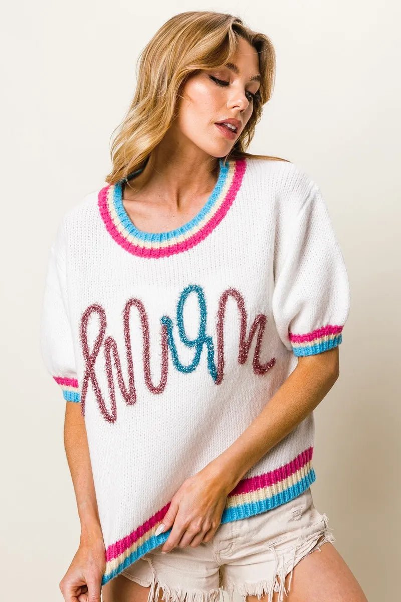 BiBi Metallic Letter Short Puff Sleeve Sweater - Bitsy Gypsy Boutique