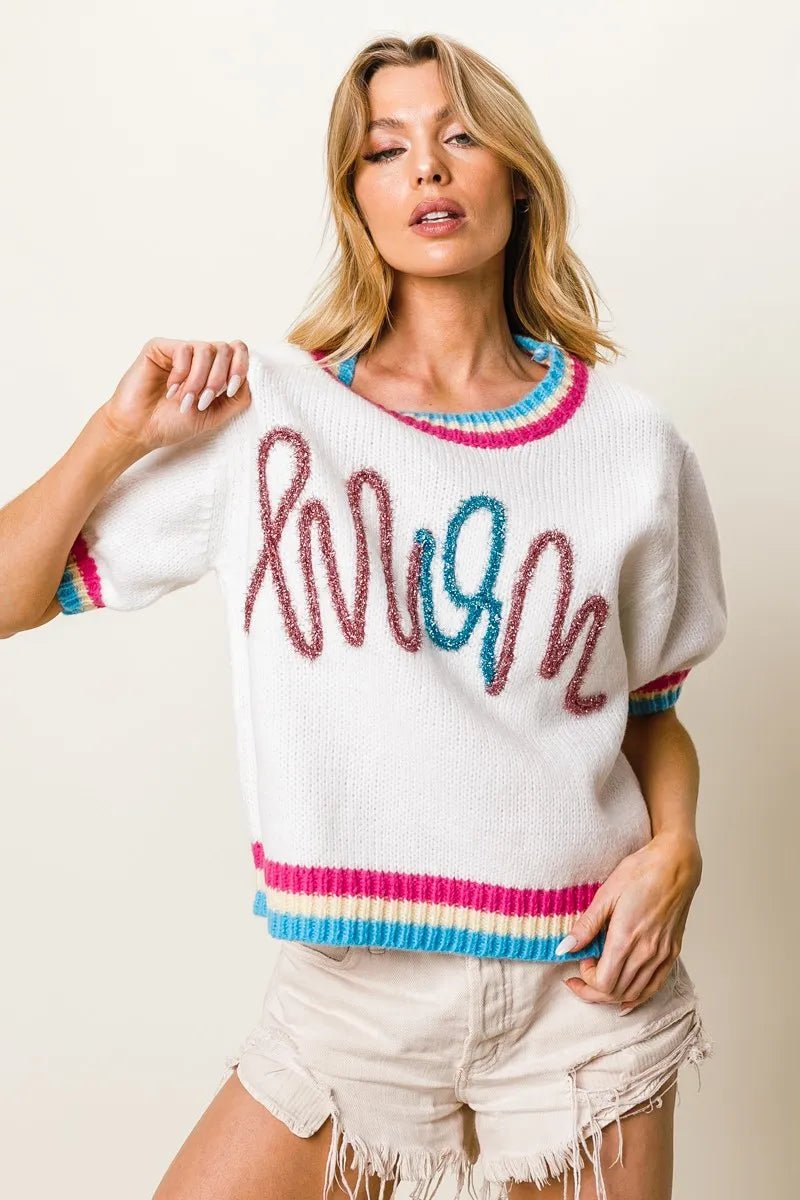 BiBi Metallic Letter Short Puff Sleeve Sweater - Bitsy Gypsy Boutique