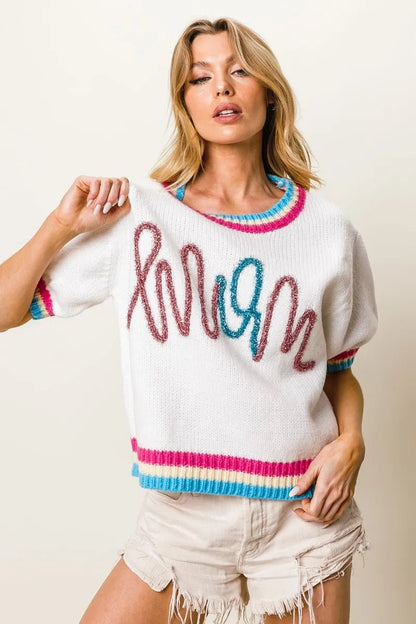 BiBi Metallic Letter Short Puff Sleeve Sweater - Bitsy Gypsy Boutique