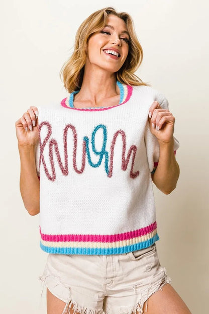 BiBi Metallic Letter Short Puff Sleeve Sweater - Bitsy Gypsy Boutique