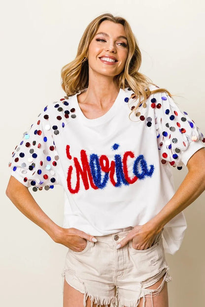 BiBi Metallic Letter Spangle Raglan Puff Sleeve Top - Bitsy Gypsy Boutique