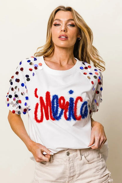 BiBi Metallic Letter Spangle Raglan Puff Sleeve Top - Bitsy Gypsy Boutique