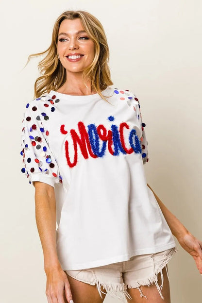 BiBi Metallic Letter Spangle Raglan Puff Sleeve Top - Bitsy Gypsy Boutique