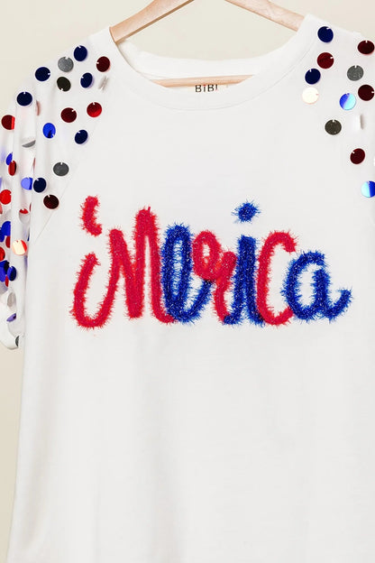 BiBi Metallic Letter Spangle Raglan Puff Sleeve Top - Bitsy Gypsy Boutique