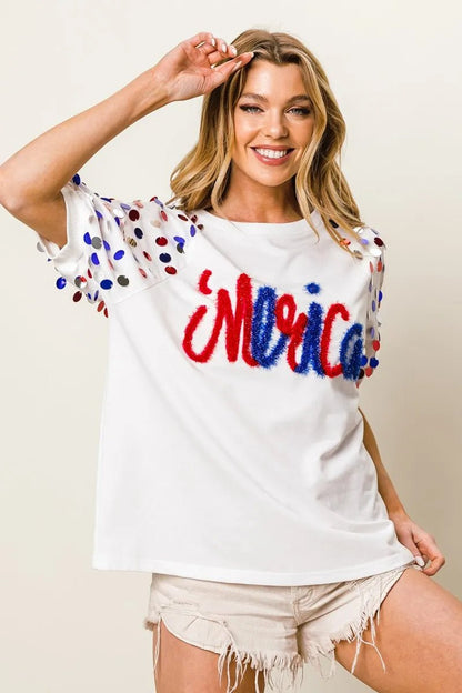 BiBi Metallic Letter Spangle Raglan Puff Sleeve Top - Bitsy Gypsy Boutique