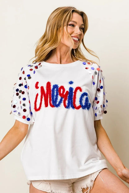 BiBi Metallic Letter Spangle Raglan Puff Sleeve Top - Bitsy Gypsy Boutique