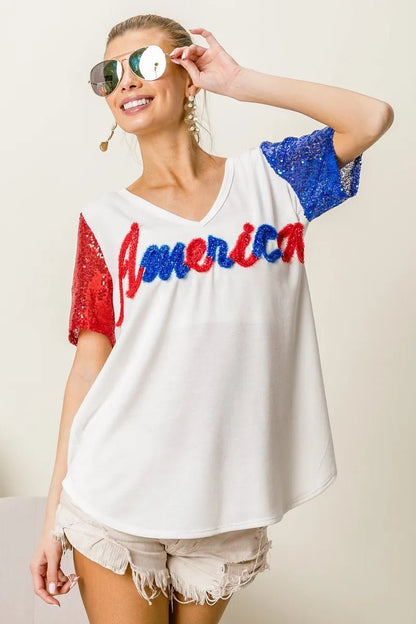 BiBi Metallic Letter V - neck Sequin Sleeves Top - Bitsy Gypsy Boutique