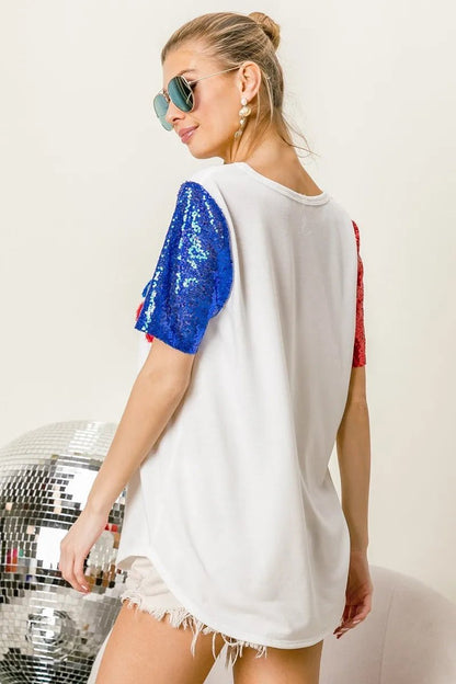 BiBi Metallic Letter V - neck Sequin Sleeves Top - Bitsy Gypsy Boutique