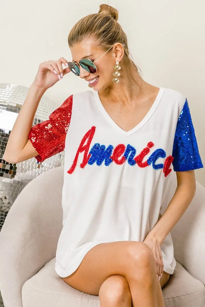 BiBi Metallic Letter V - neck Sequin Sleeves Top - Bitsy Gypsy Boutique