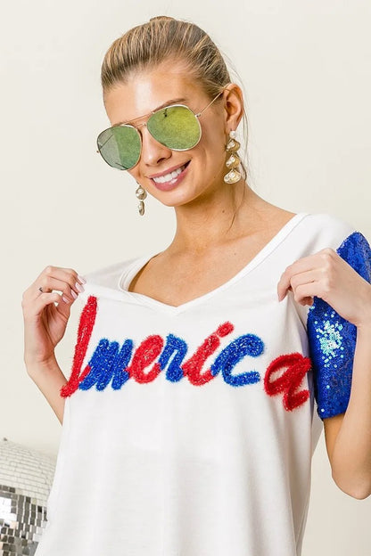 BiBi Metallic Letter V - neck Sequin Sleeves Top - Bitsy Gypsy Boutique