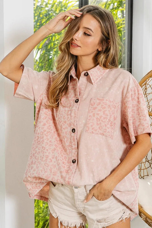 BiBi Mineral Washed Leopard Print Short Sleeve Shirt - Bitsy Gypsy Boutique