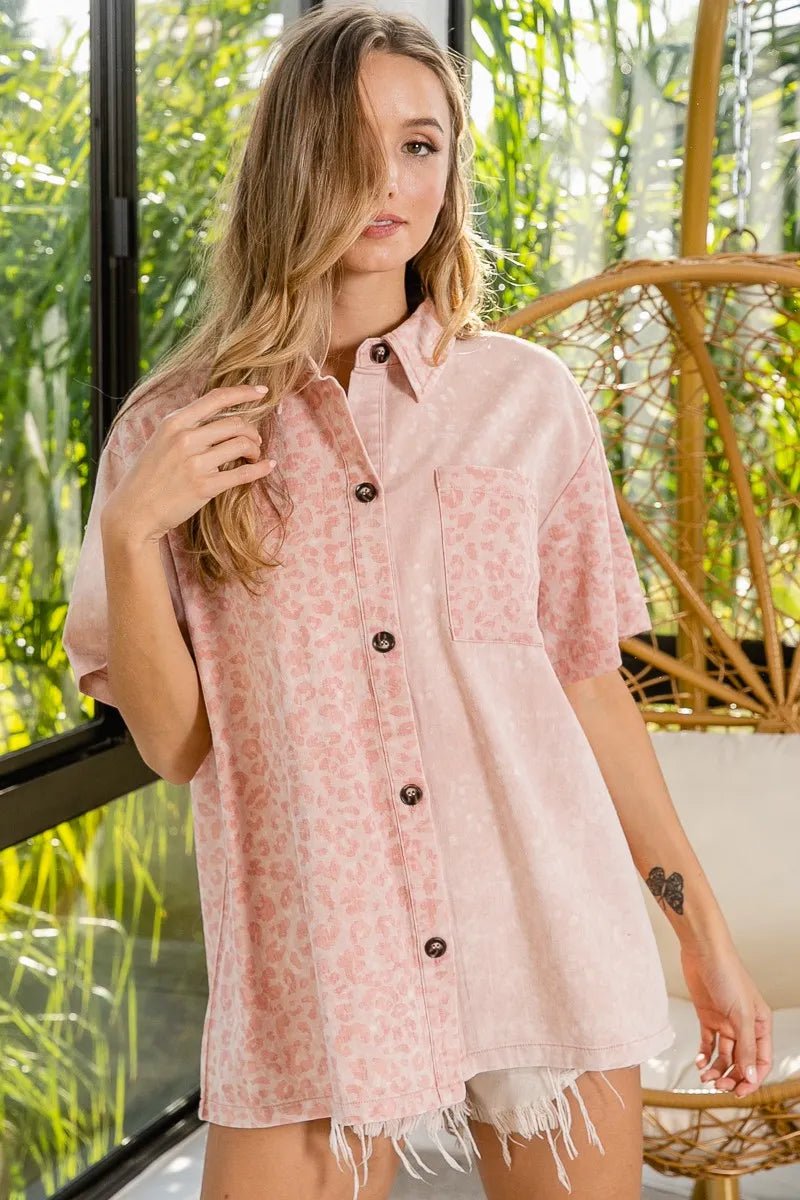 BiBi Mineral Washed Leopard Print Short Sleeve Shirt - Bitsy Gypsy Boutique