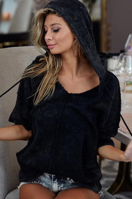 BiBi Mineral Washed Short Sleeve Hoodie Top - Bitsy Gypsy Boutique