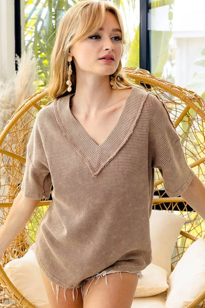 BiBi Mineral Washed V - Neck Cut Edge Detail Top - Bitsy Gypsy Boutique